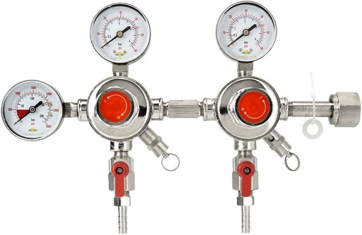 Metal pressure regulator with gauges on a white background