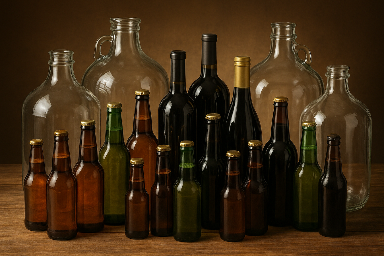beer and wine bottles with glass carboys