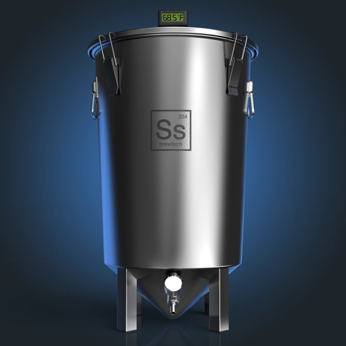 Stainless steel fermentation tank with digital temperature display on a blue background