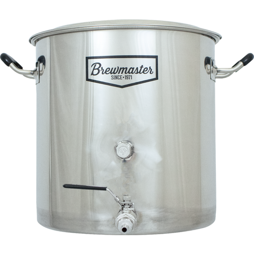 Stainless steel brew pot with 'Brewmaster' branding on a white background