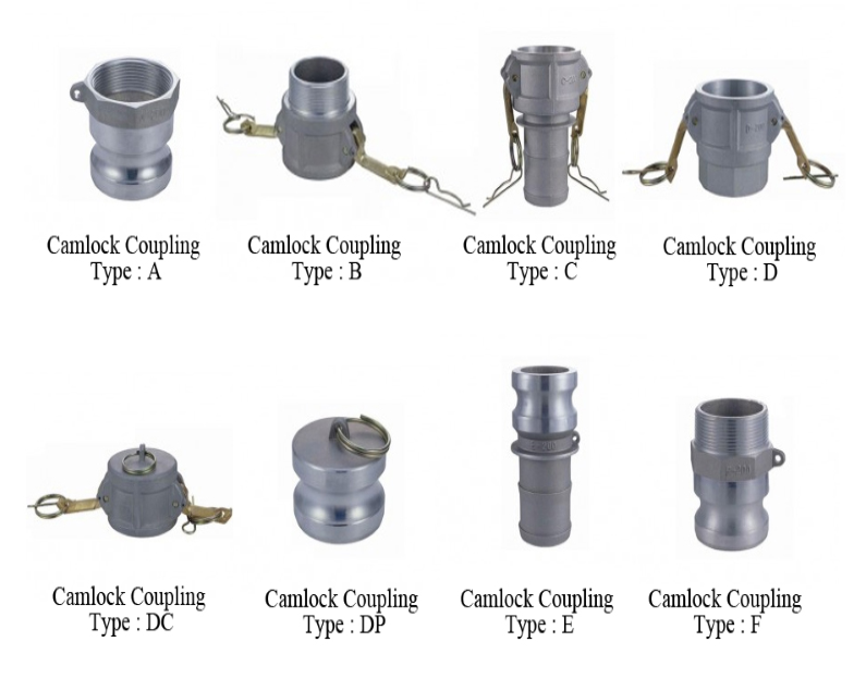 Various types of camlock couplings on a white background