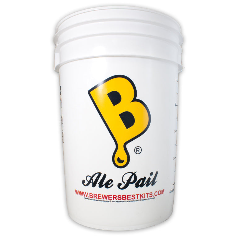 6.5 gallon white bucket, solid.  with large yellow letter B in middle.  volume markings along one side.