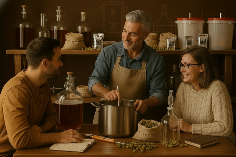 home brewing classes with only 2 to 4 people in attendance, use dark brown background with watermarked brewing equipment