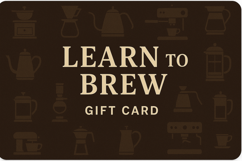 Learn to Brew Gift Cards with dark brown background, watermarked with brewing equipment