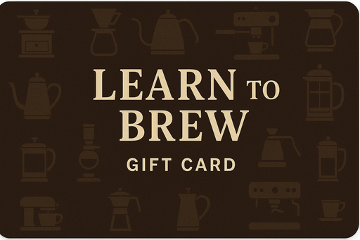 Learn to Brew Gift Cards with dark brown background, watermarked with brewing equipment
