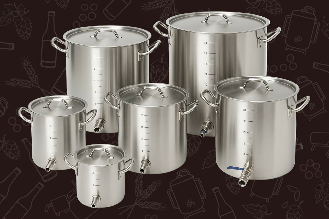Stainless Steel home brewing kettles of various sizes with and without ball valve outlets